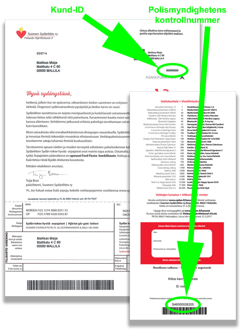 Kund-ID och polismyndighetens kontrollnummer på lotten